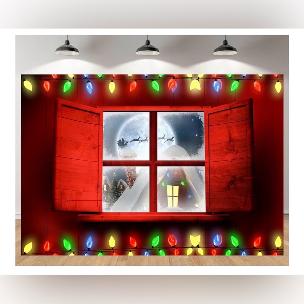 Christmas Window, Santas Sleigh & String Lights,5 x 4,